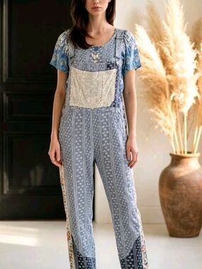 POL Blue Patchwork Lace Pocket Jumpsuit
